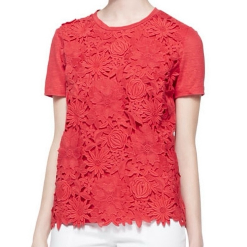 Tory Burch Womens S Lace Katama Tee Deep Coral Linen Cotton Blend Floral Blouse